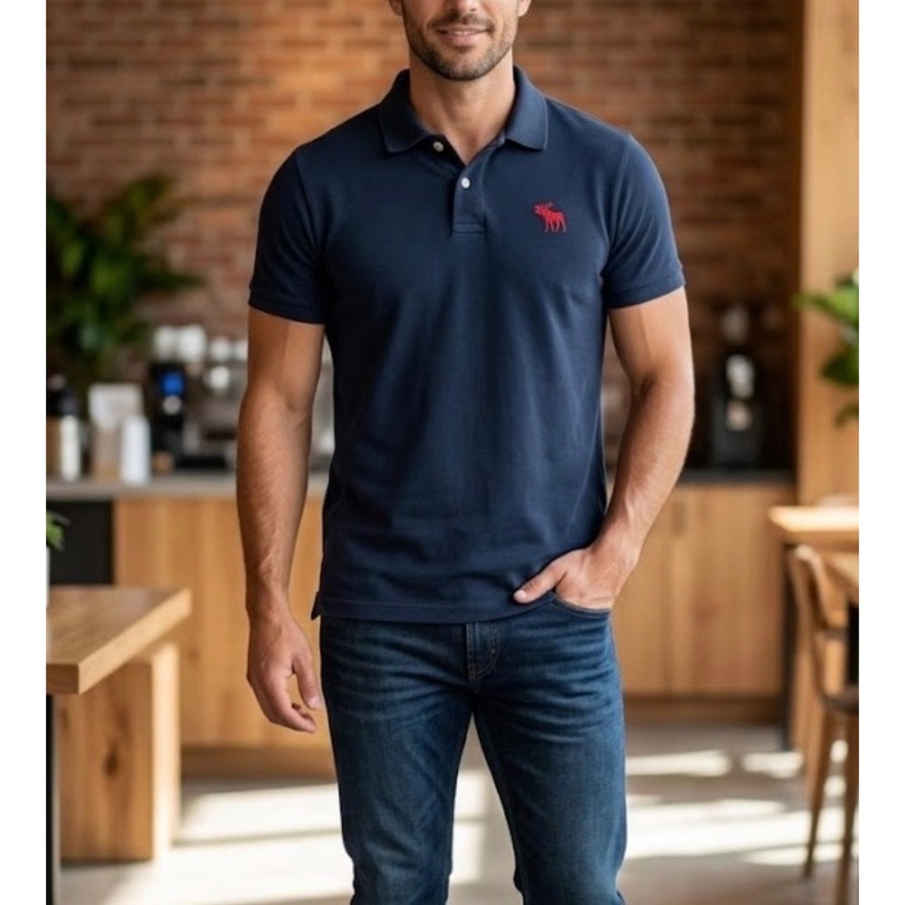 Abercrombie & Fitch Mens Navy Blue Short Sleeve Moose Logo Polo Shirt Large
